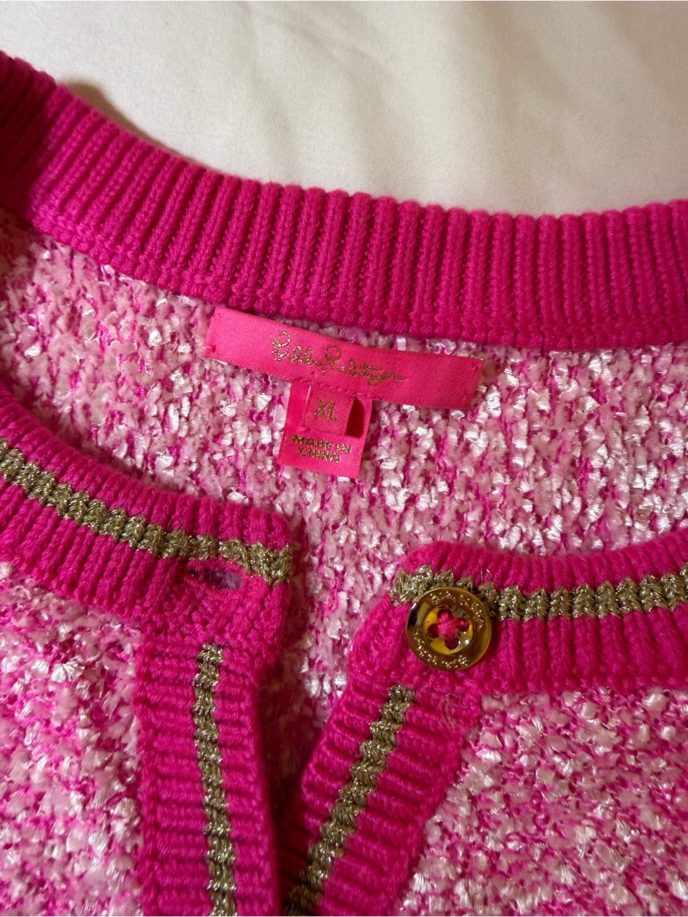 Lilly Pulitzer Pink Bouclé Knit Cardigan with Hot Pink Trim - Picture 2 of 5